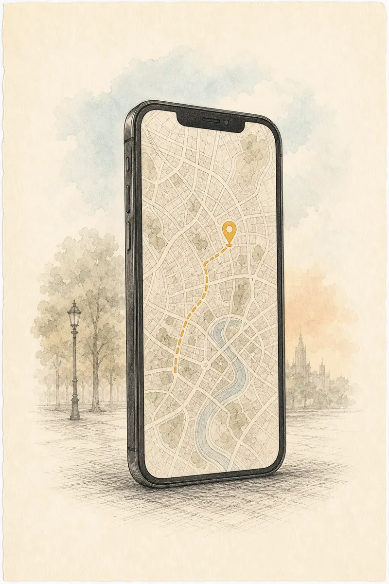Ink and watercolor illustration of the Goldstar app on a phone showing a city map with a gold route and pin