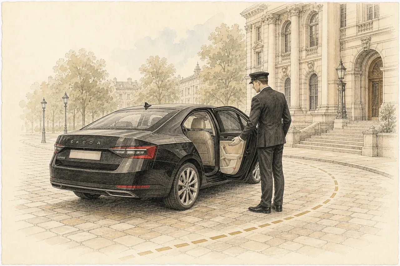 Ink and watercolor illustration of a Goldstar chauffeur opening an executive saloon door