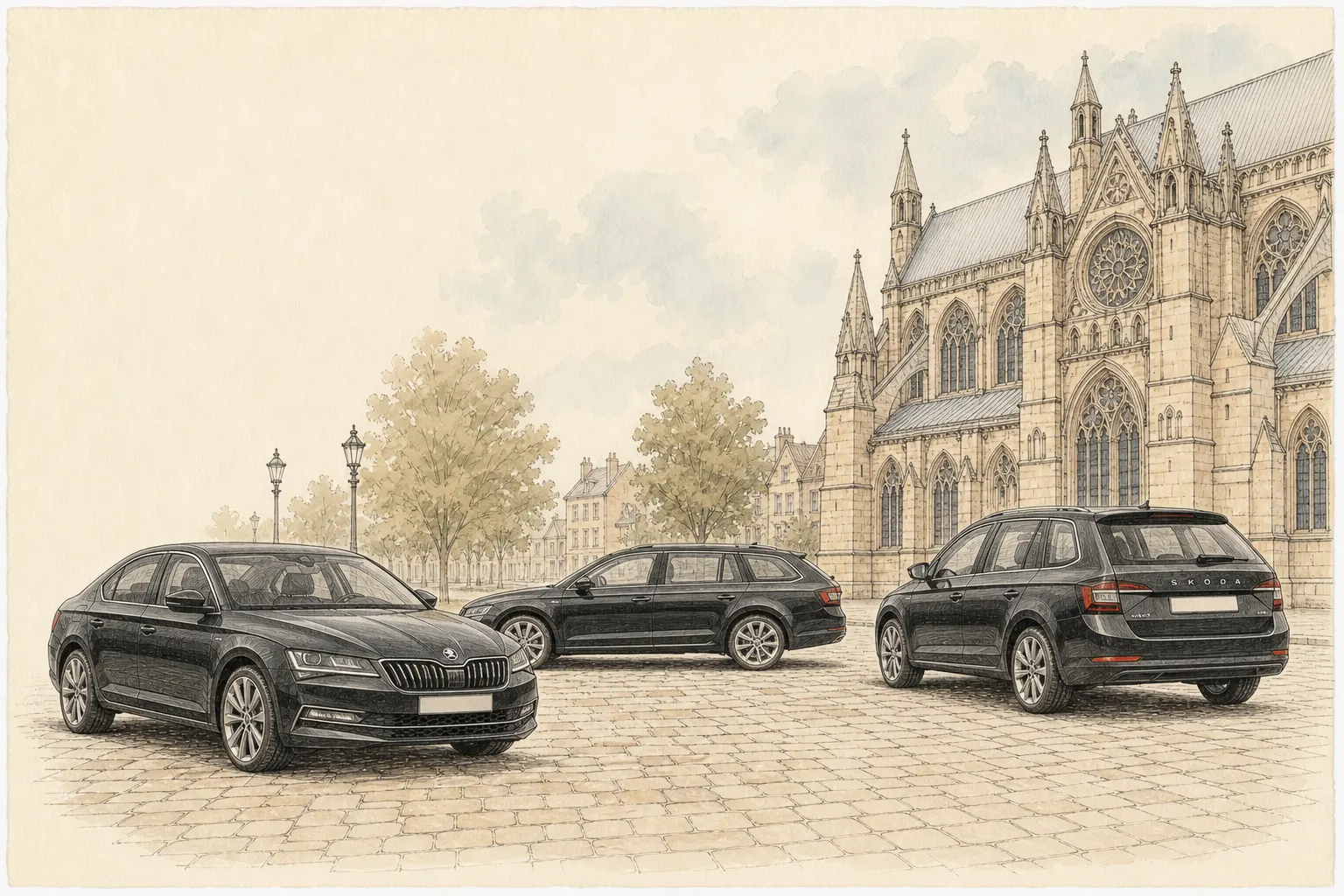 Ink and watercolor painting of the Goldstar taxi fleet, featuring a saloon, estate, and MPV parked on cobblestones with Peterborough Cathedral in the background