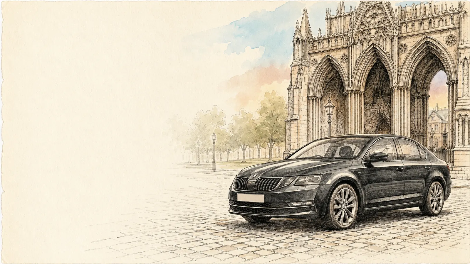 Ink and watercolor illustration of a Goldstar Skoda saloon on the cobbles outside Peterborough Cathedral